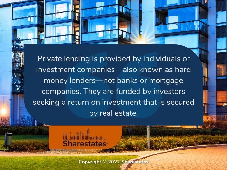 Callout 1: Modern apartment building exterior - Private lending is provided by individuals or investment companies quote from text