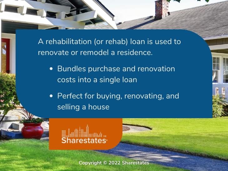 Callout 1: New tile roof on home - rehabilitation (or rehab) loan is used to renovate or remodel - 2 bullet points