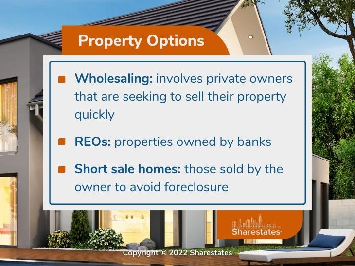 Callout 1: Property Options - 3 bullets with definitions of wholesale, REO and short-sale 
