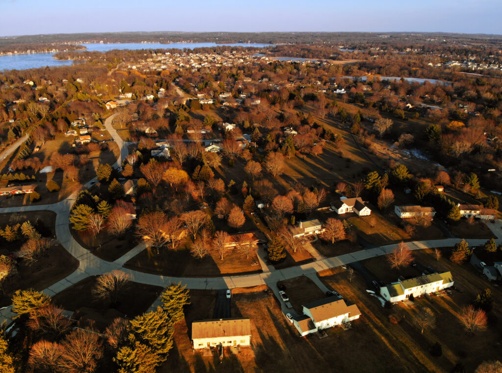 An aerial view of an American suburban neighborhood in the Midwest