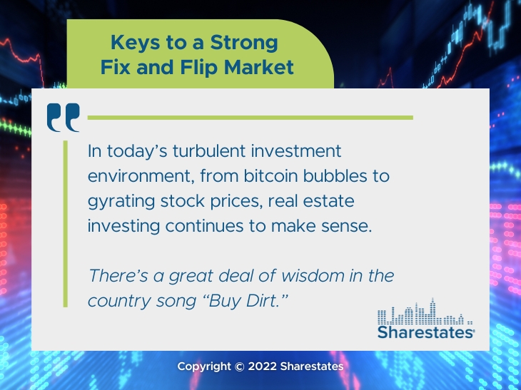 Callout 1: stock market finance symbols- Keys to a strong fix and flip market- quote from text